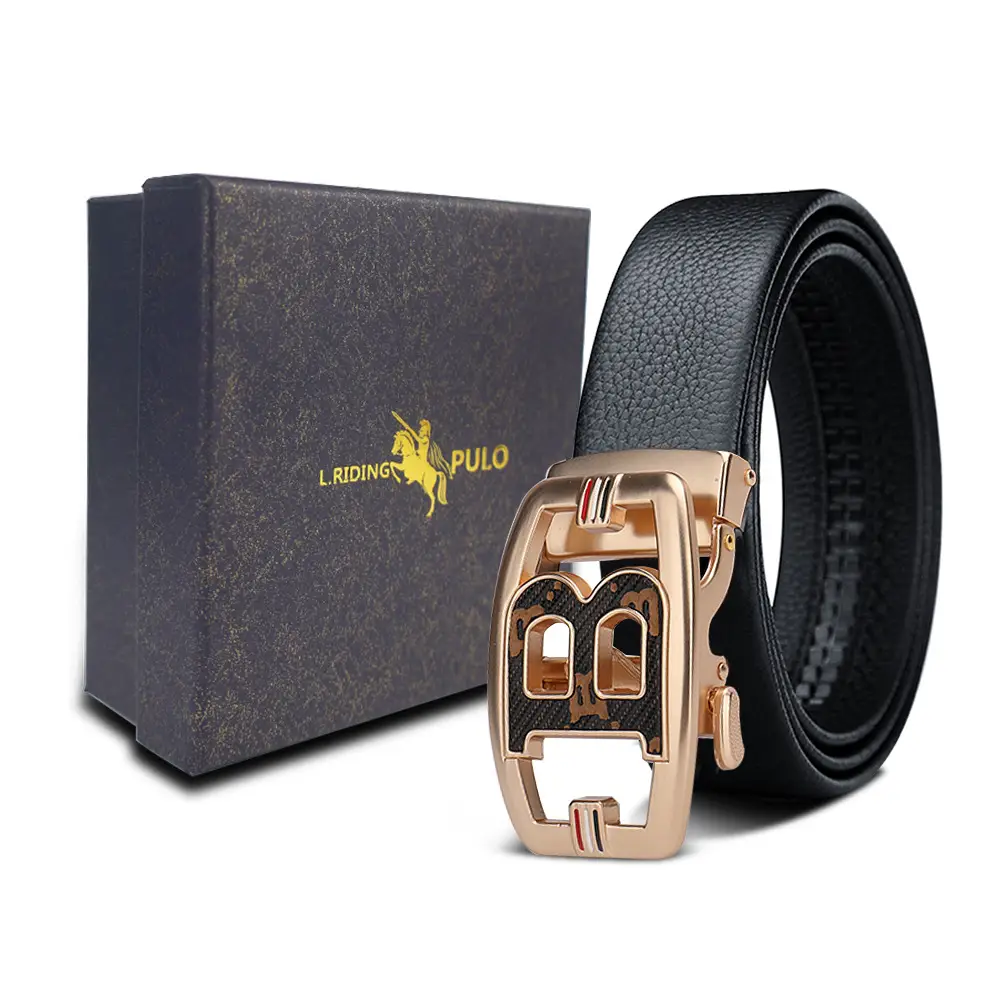 Men's Gold Buckle Genuine Leather Belt with Gift Box - Image 4