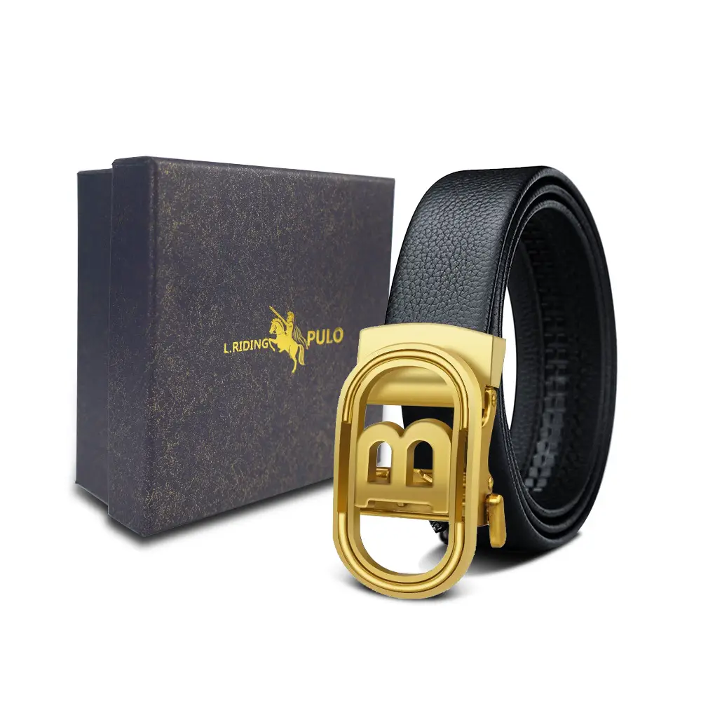 Men's Gold Buckle Genuine Leather Belt with Gift Box - Image 5