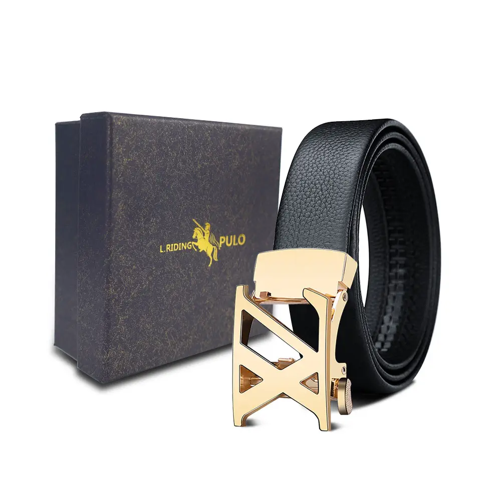 Men's Gold Buckle Genuine Leather Belt with Gift Box - Image 55