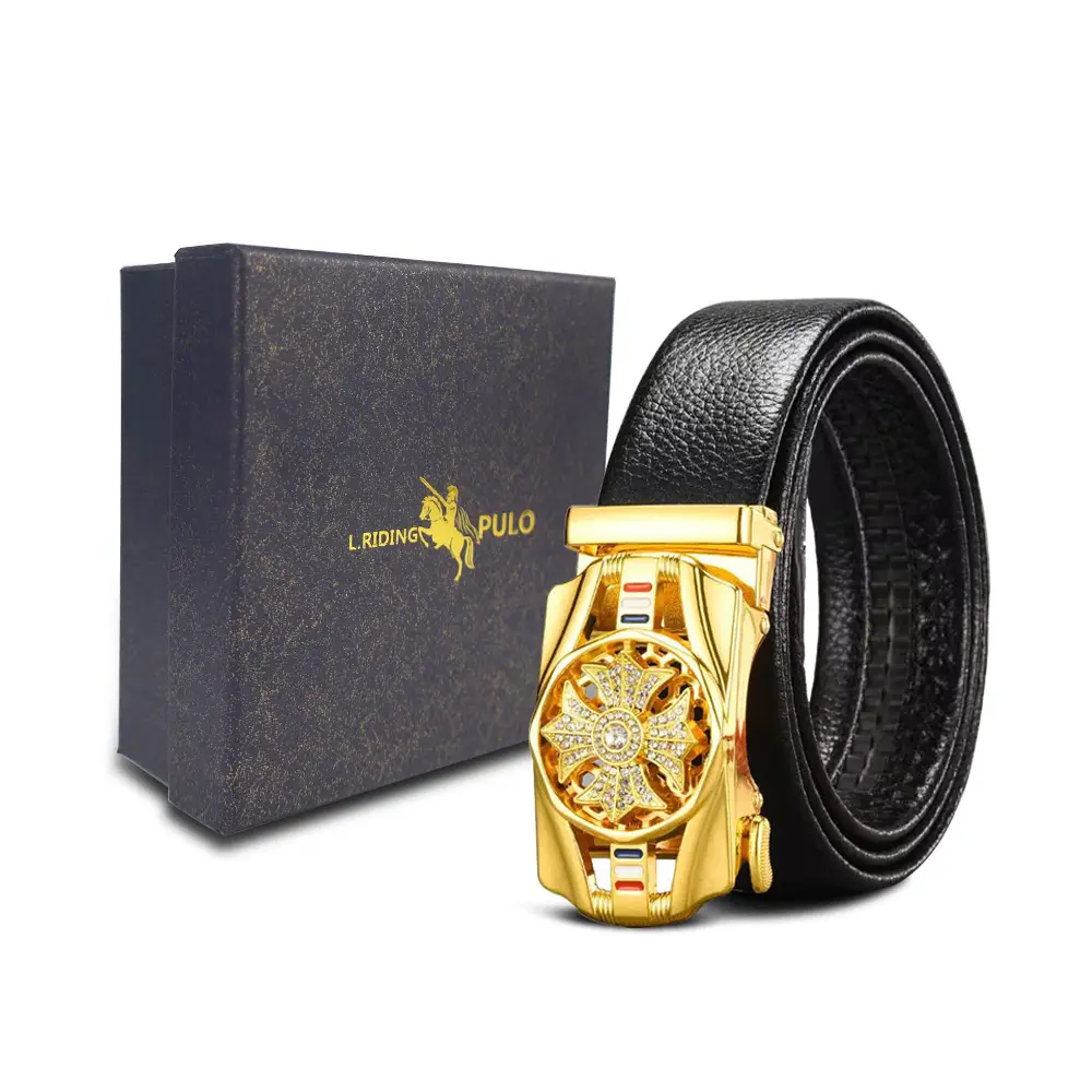 Men's Gold Buckle Genuine Leather Belt with Gift Box - Image 75
