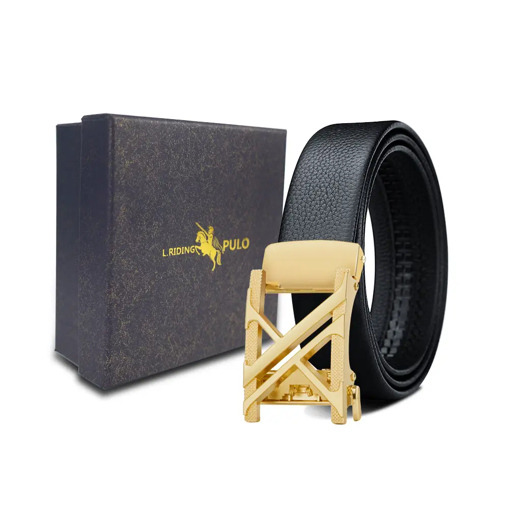 Men's Gold Buckle Genuine Leather Belt with Gift Box - Image 9