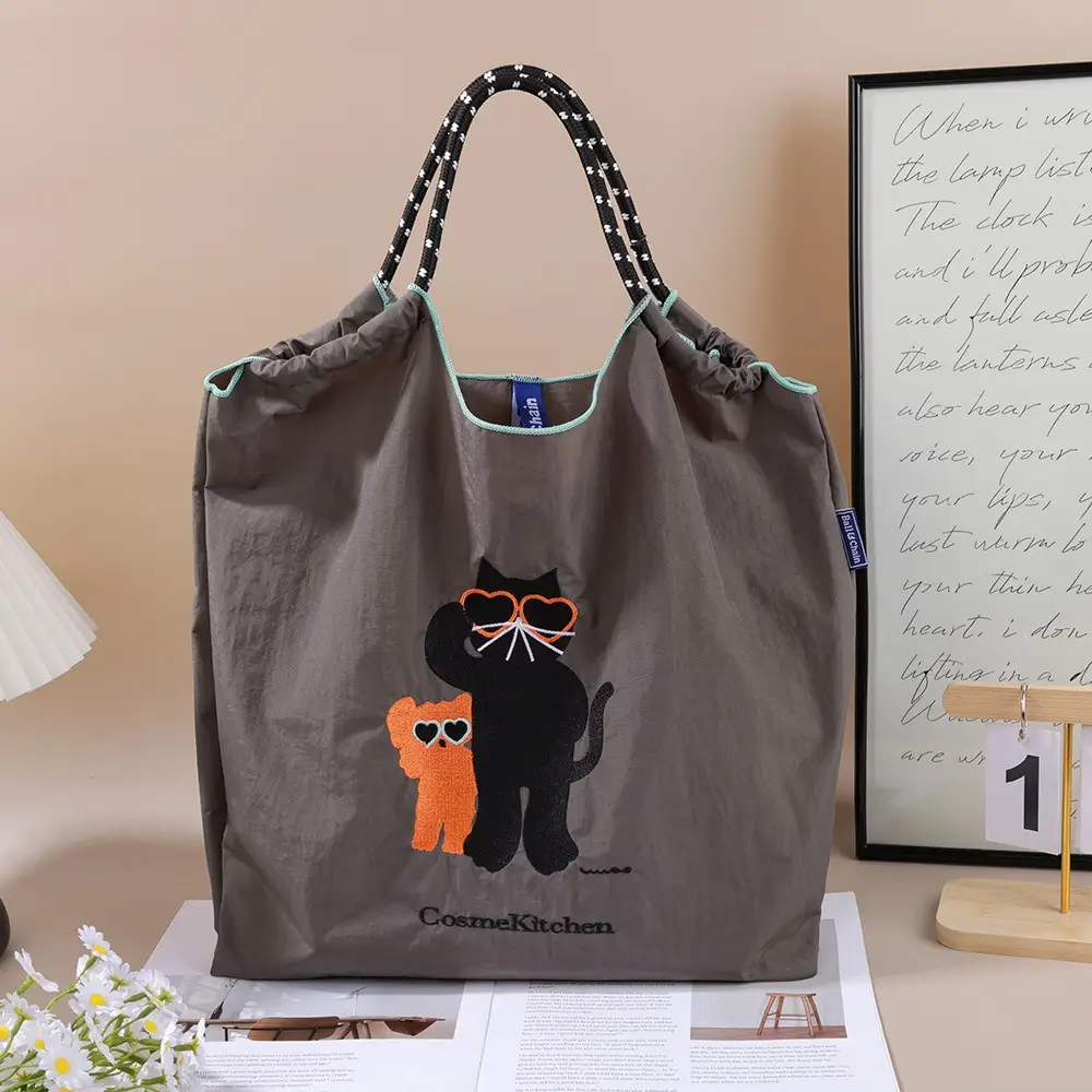 Trendy Cartoon Embroidered Canvas Tote Bag - Image 6