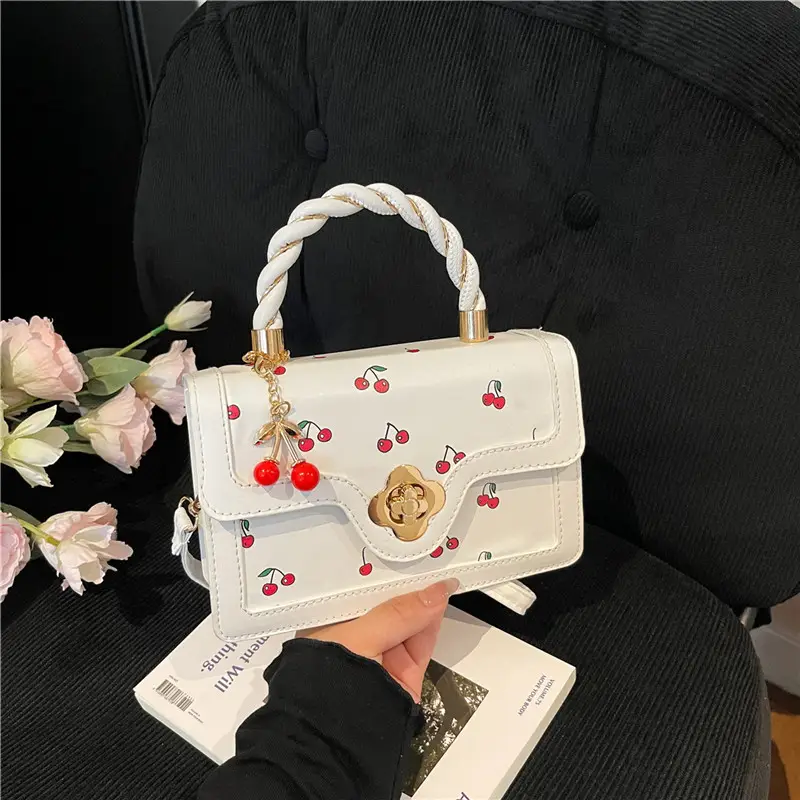 White Cherry Print Twist Bag for Women