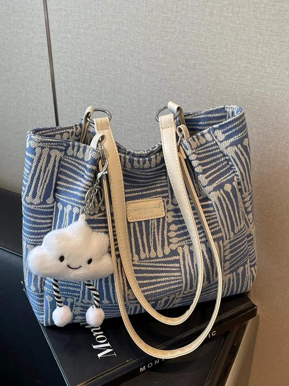 Women's Blue Striped Shoulder Bag with Bear Earrings - Image 6