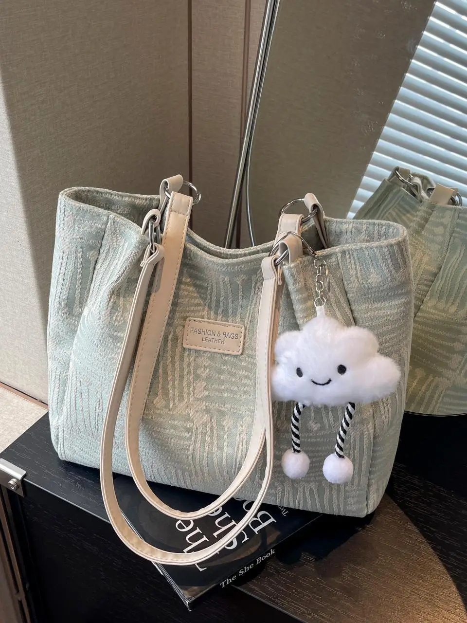 Women's Blue Striped Shoulder Bag with Bear Earrings - Image 7