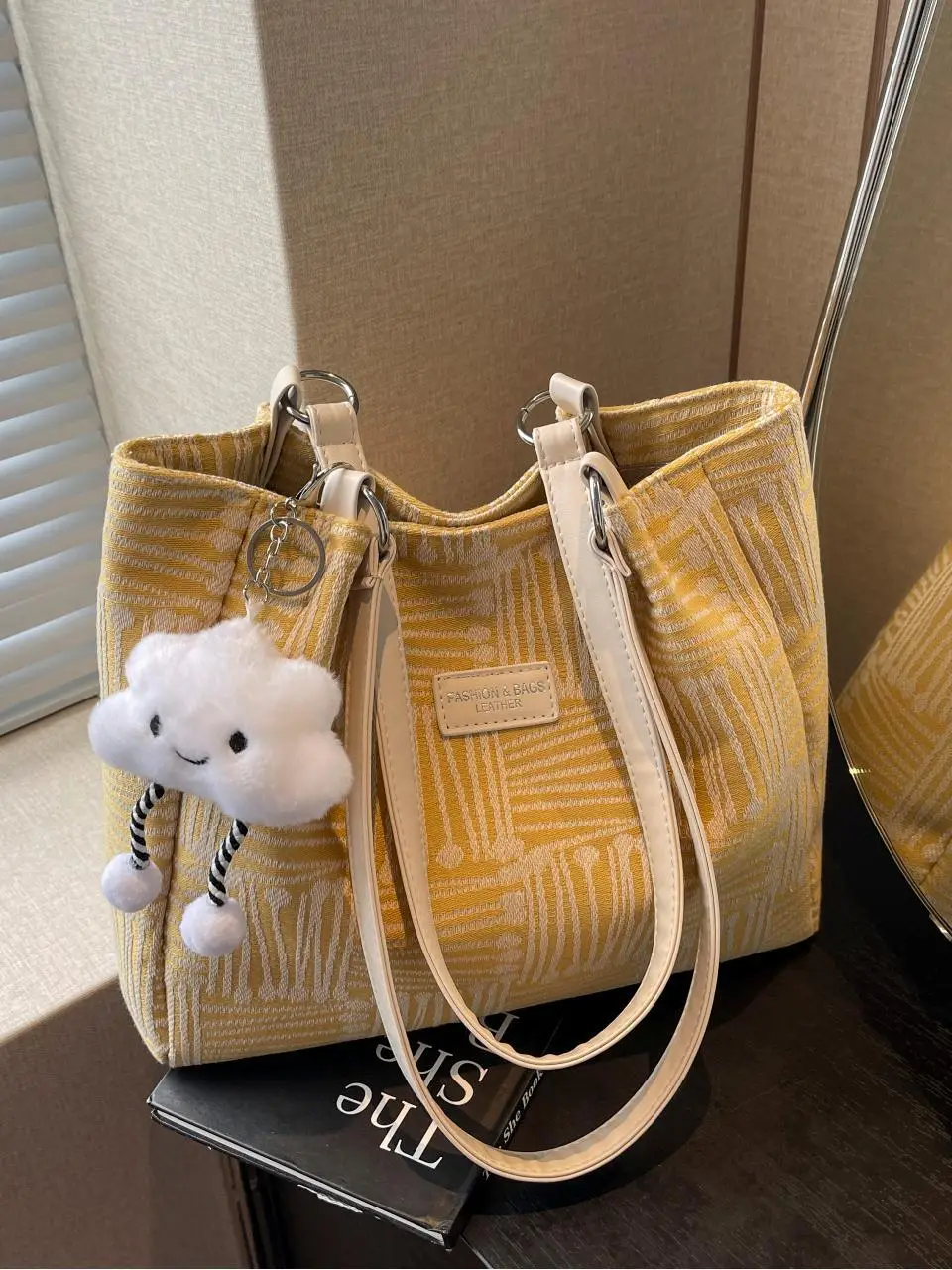 Women's Blue Striped Shoulder Bag with Bear Earrings - Image 8