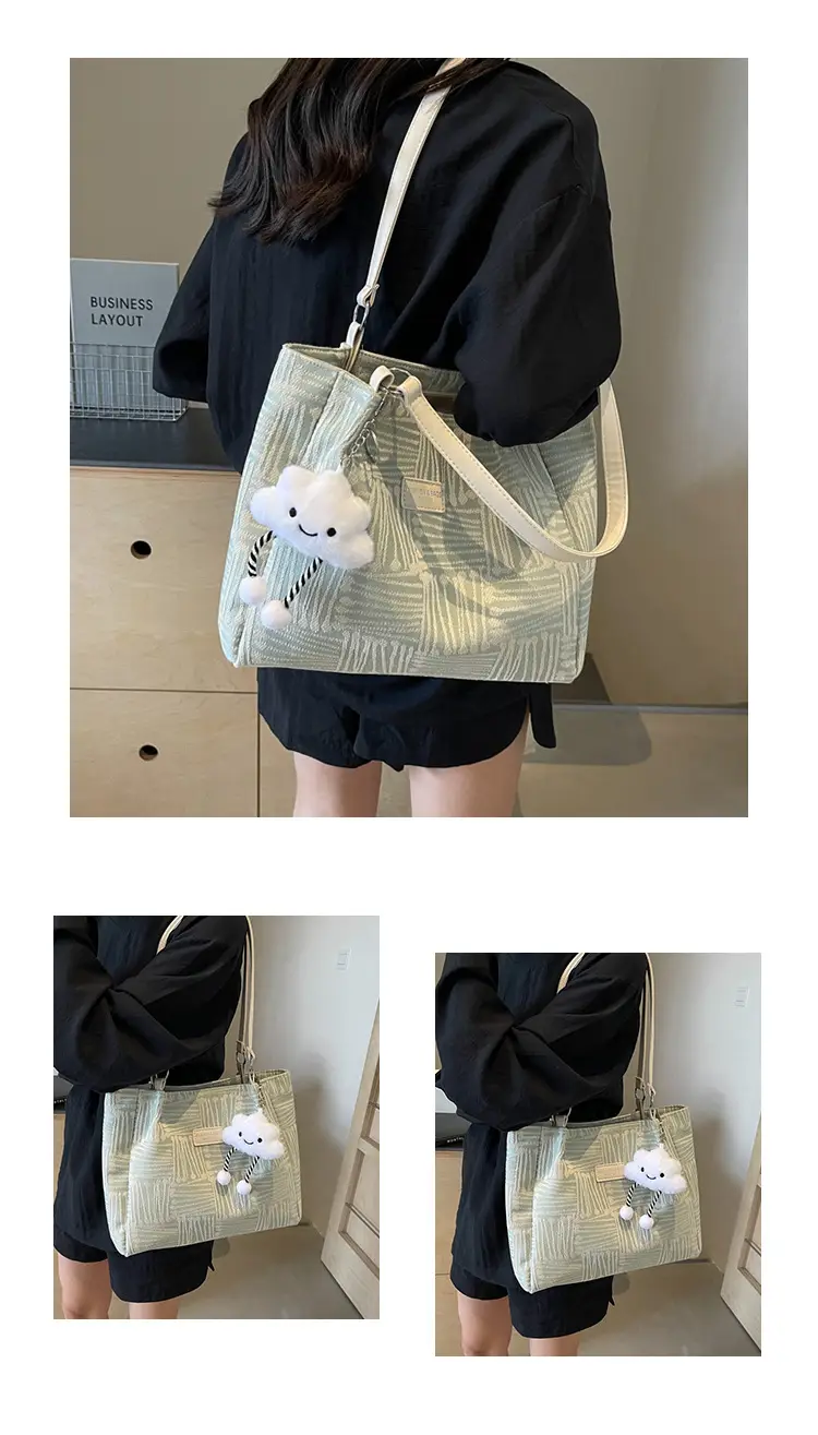 Women's Blue Striped Shoulder Bag with Bear Earrings — feature 12