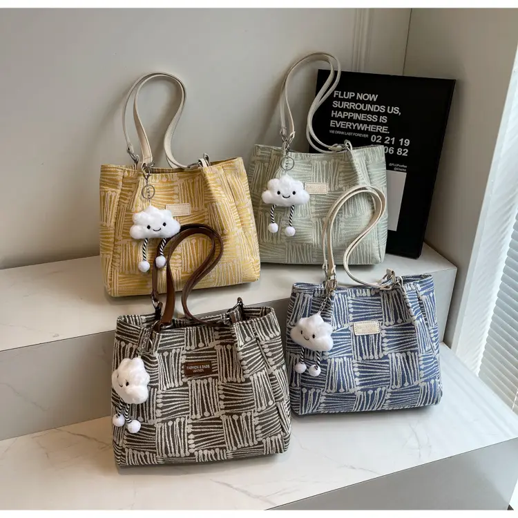 Women's Blue Striped Shoulder Bag with Bear Earrings — feature 15