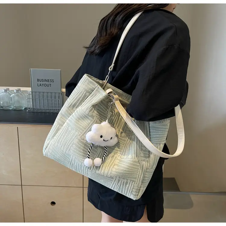 Women's Blue Striped Shoulder Bag with Bear Earrings — feature 22