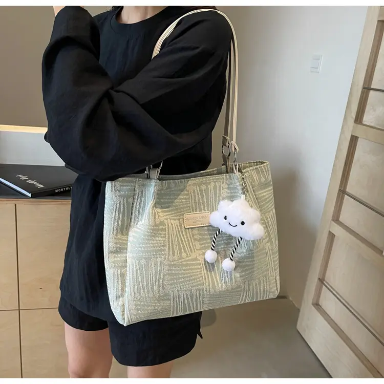 Women's Blue Striped Shoulder Bag with Bear Earrings — feature 23