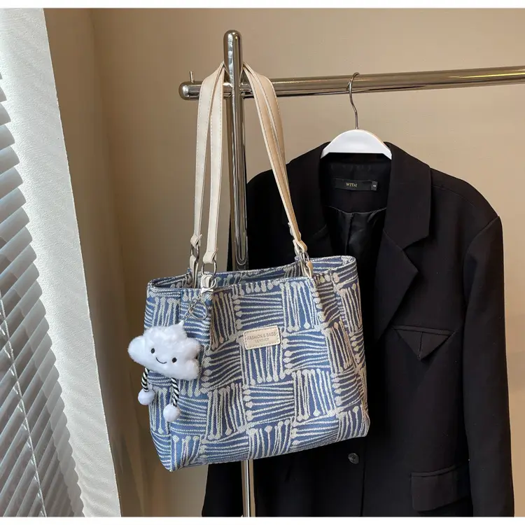Women's Blue Striped Shoulder Bag with Bear Earrings — feature 25