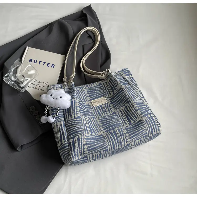 Women's Blue Striped Shoulder Bag with Bear Earrings — feature 28