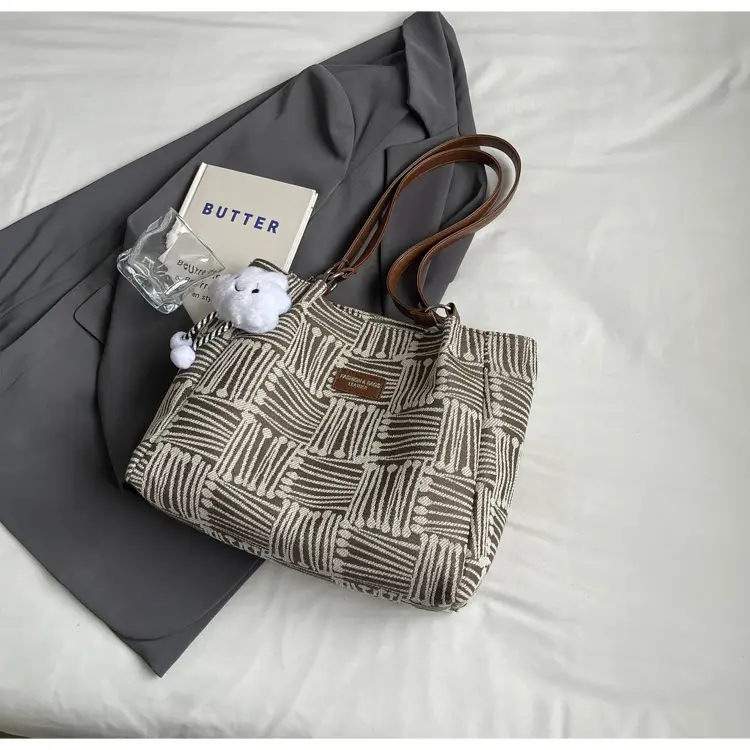 Women's Blue Striped Shoulder Bag with Bear Earrings — feature 31