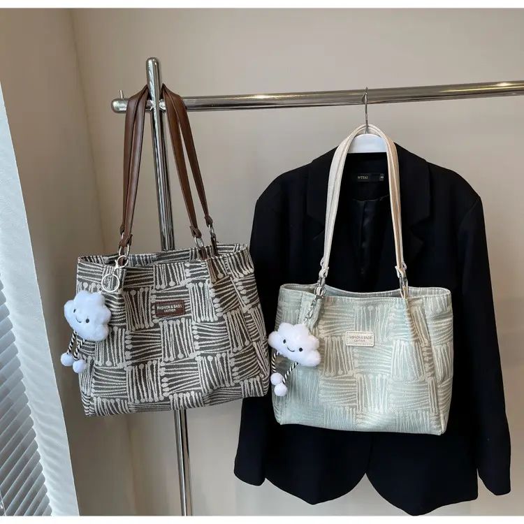 Women's Blue Striped Shoulder Bag with Bear Earrings — feature 32