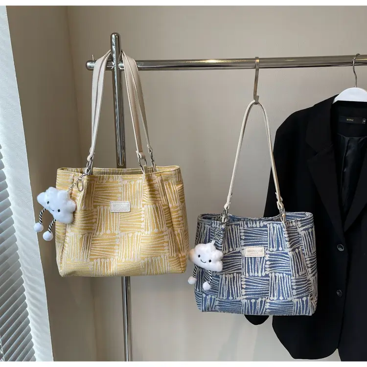 Women's Blue Striped Shoulder Bag with Bear Earrings — feature 33