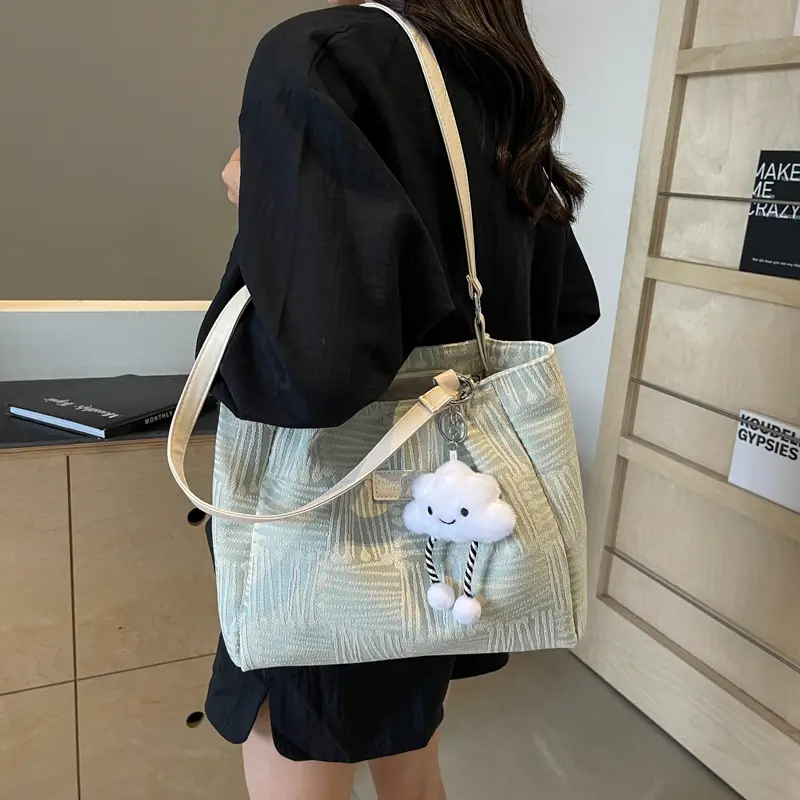 Women's Blue Striped Shoulder Bag with Bear Earrings - Image 3