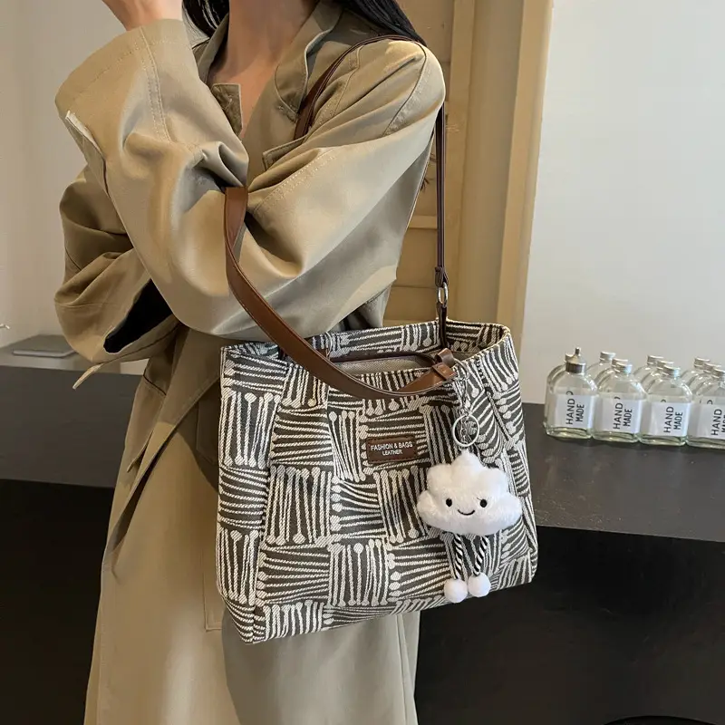Women's Blue Striped Shoulder Bag with Bear Earrings - Image 4