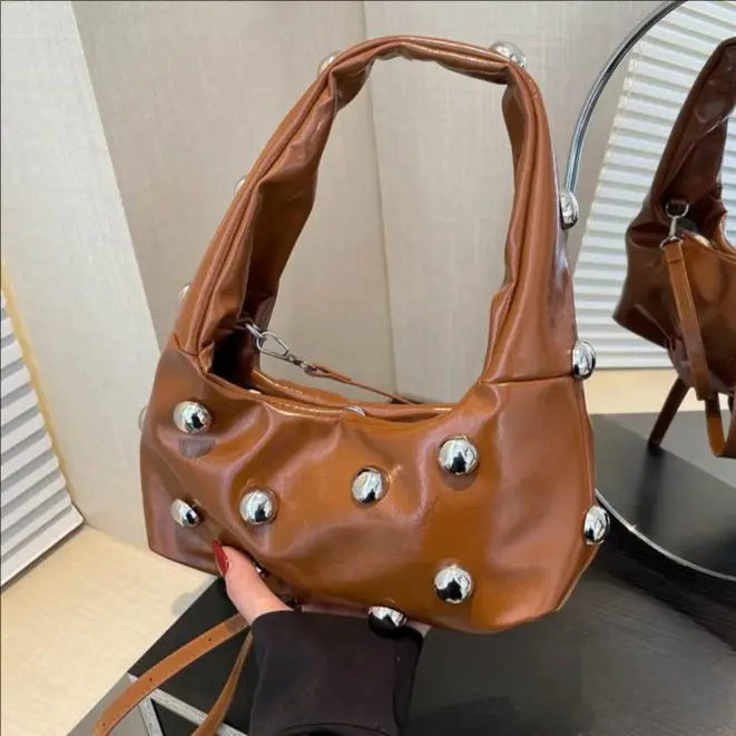 Brown Metallic Button Shoulder Bag for Women - Image 6
