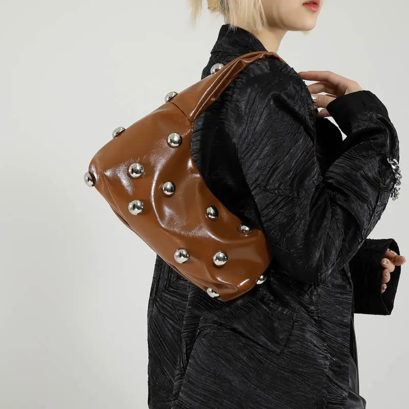 Brown Metallic Button Shoulder Bag for Women - Image 9
