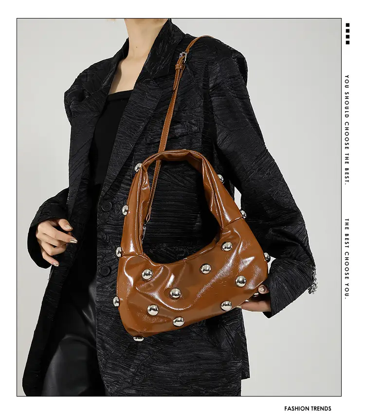 Brown Metallic Button Shoulder Bag for Women — feature 1