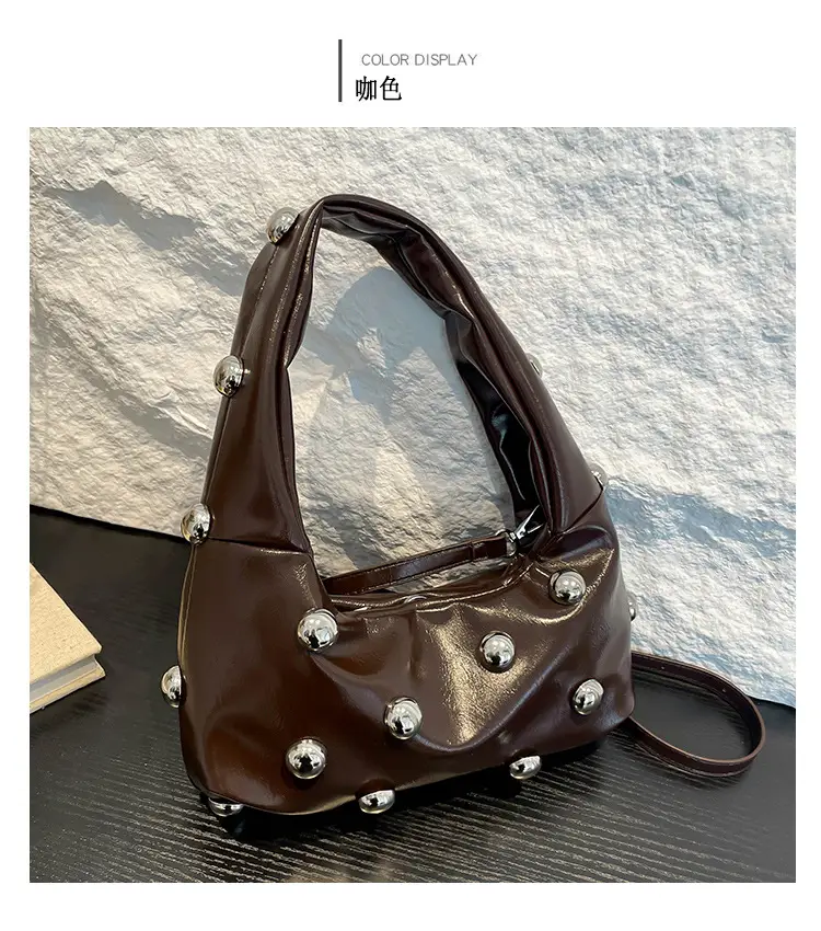 Brown Metallic Button Shoulder Bag for Women — feature 13