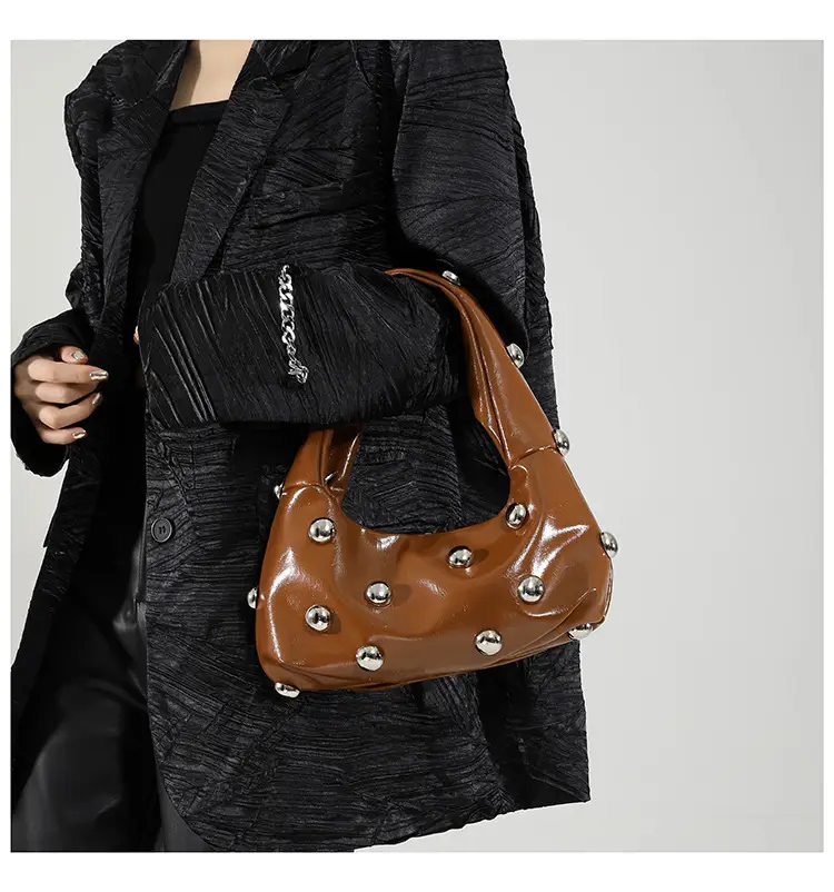 Brown Metallic Button Shoulder Bag for Women — feature 20