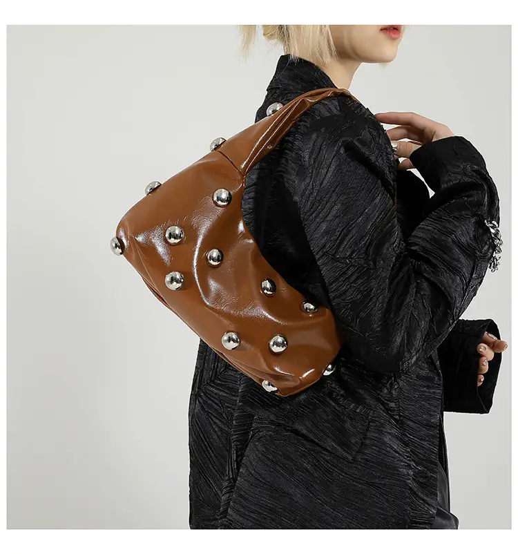 Brown Metallic Button Shoulder Bag for Women — feature 21