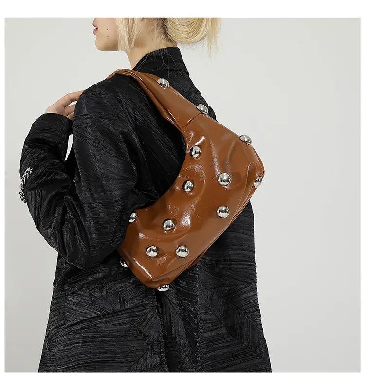 Brown Metallic Button Shoulder Bag for Women — feature 22