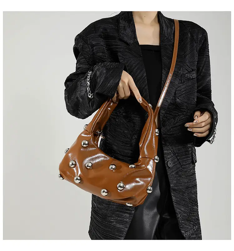 Brown Metallic Button Shoulder Bag for Women — feature 23