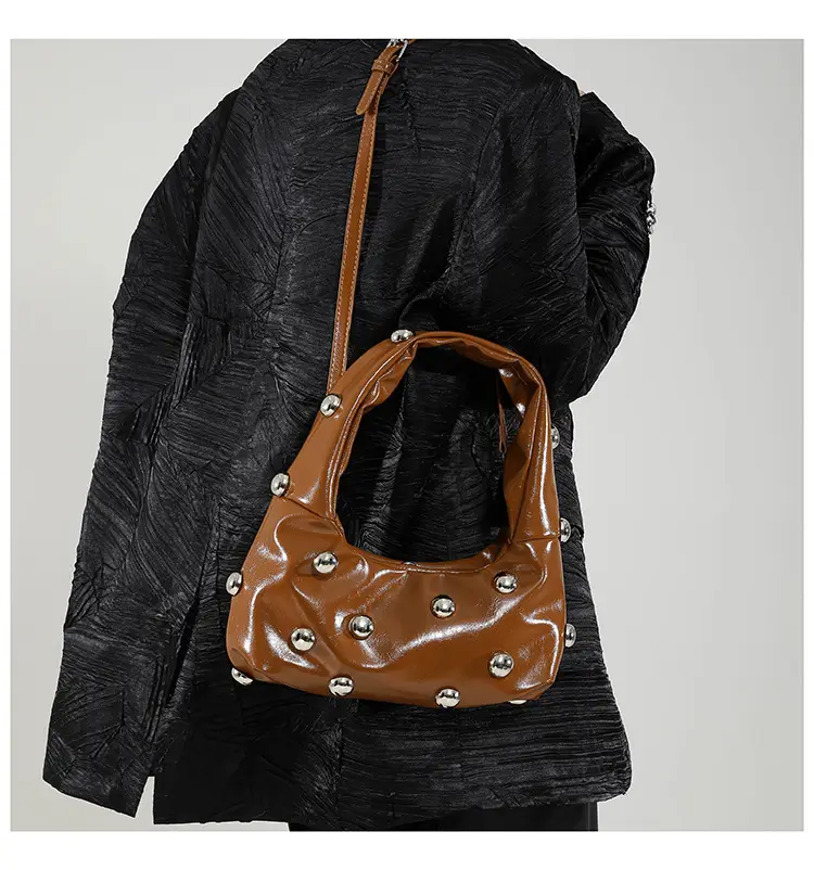 Brown Metallic Button Shoulder Bag for Women — feature 24