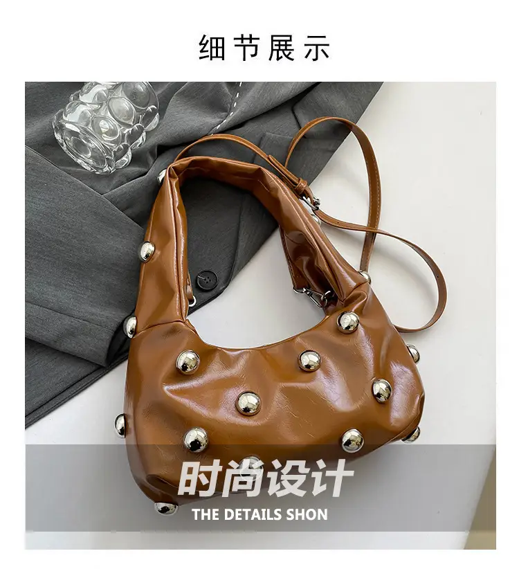 Brown Metallic Button Shoulder Bag for Women — feature 3