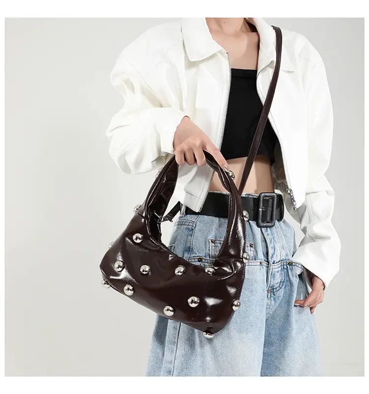 Brown Metallic Button Shoulder Bag for Women — feature 32