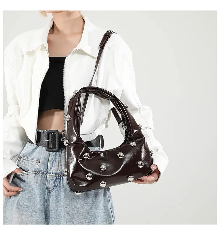 Brown Metallic Button Shoulder Bag for Women — feature 33