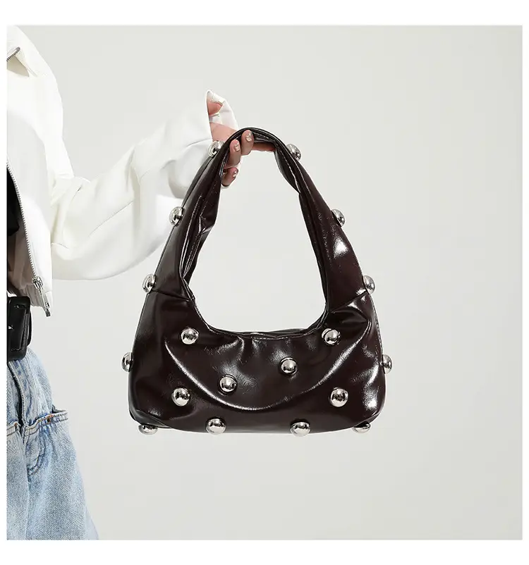 Brown Metallic Button Shoulder Bag for Women — feature 34