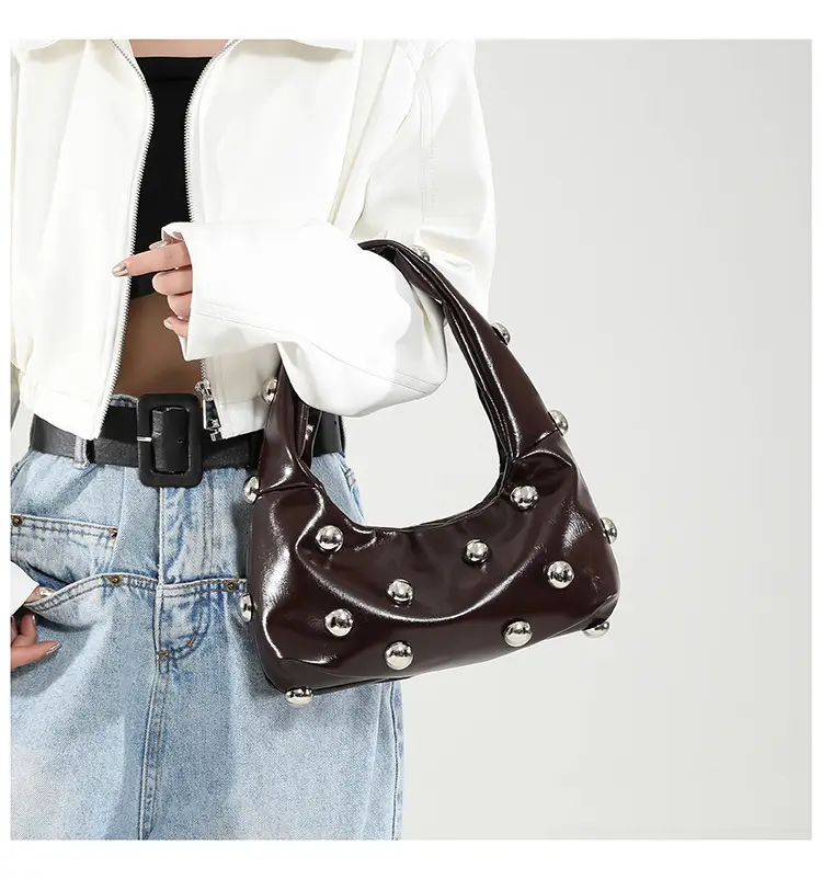 Brown Metallic Button Shoulder Bag for Women — feature 35