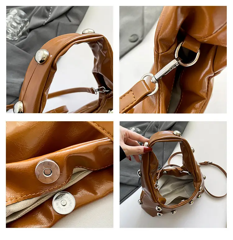 Brown Metallic Button Shoulder Bag for Women — feature 9