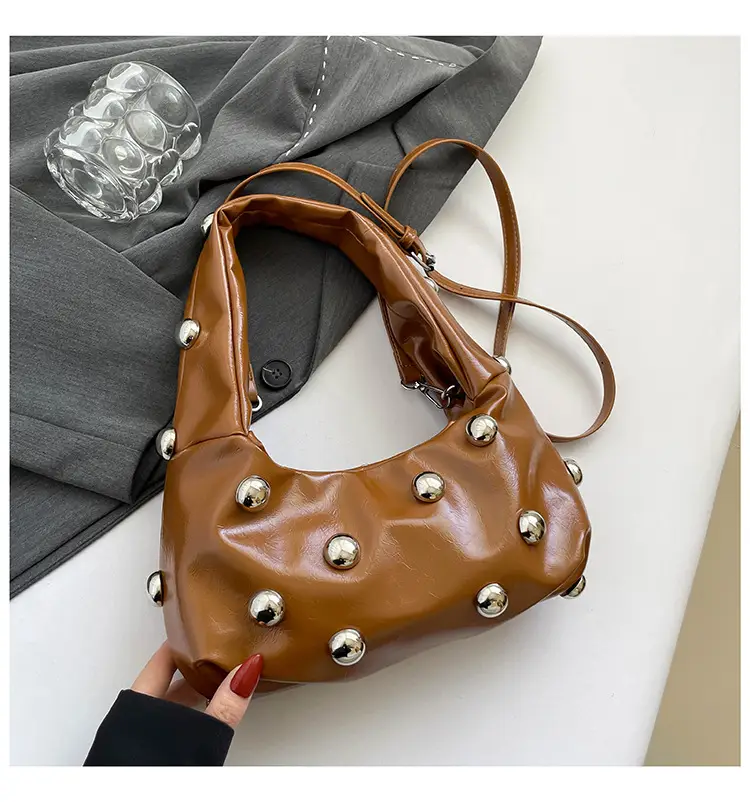 Brown Metallic Button Shoulder Bag for Women - Image 2