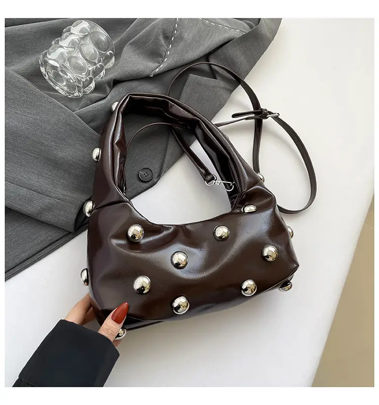Brown Metallic Button Shoulder Bag for Women - Image 4