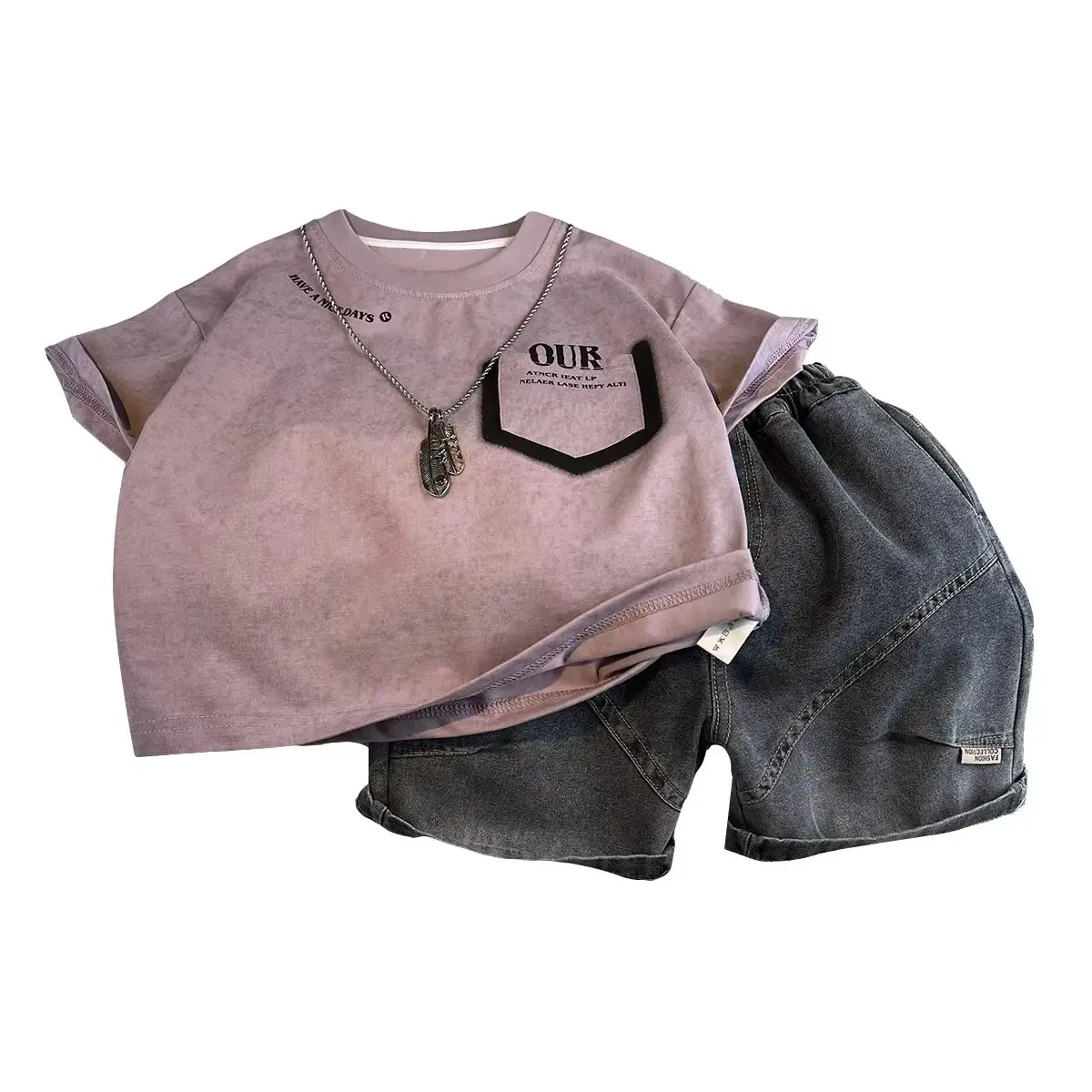 Boys 2-Piece Summer Suit Pink Grey White Sneakers - Image 6