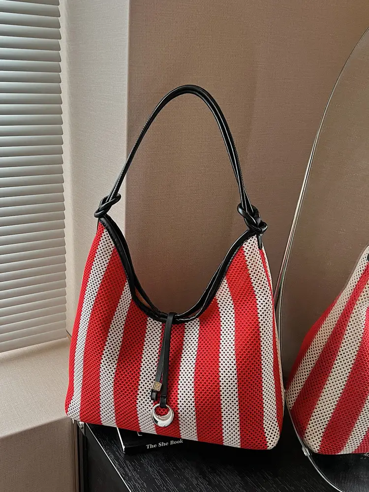 Women's Red White Striped Large Capacity Tote Bag - Image 3