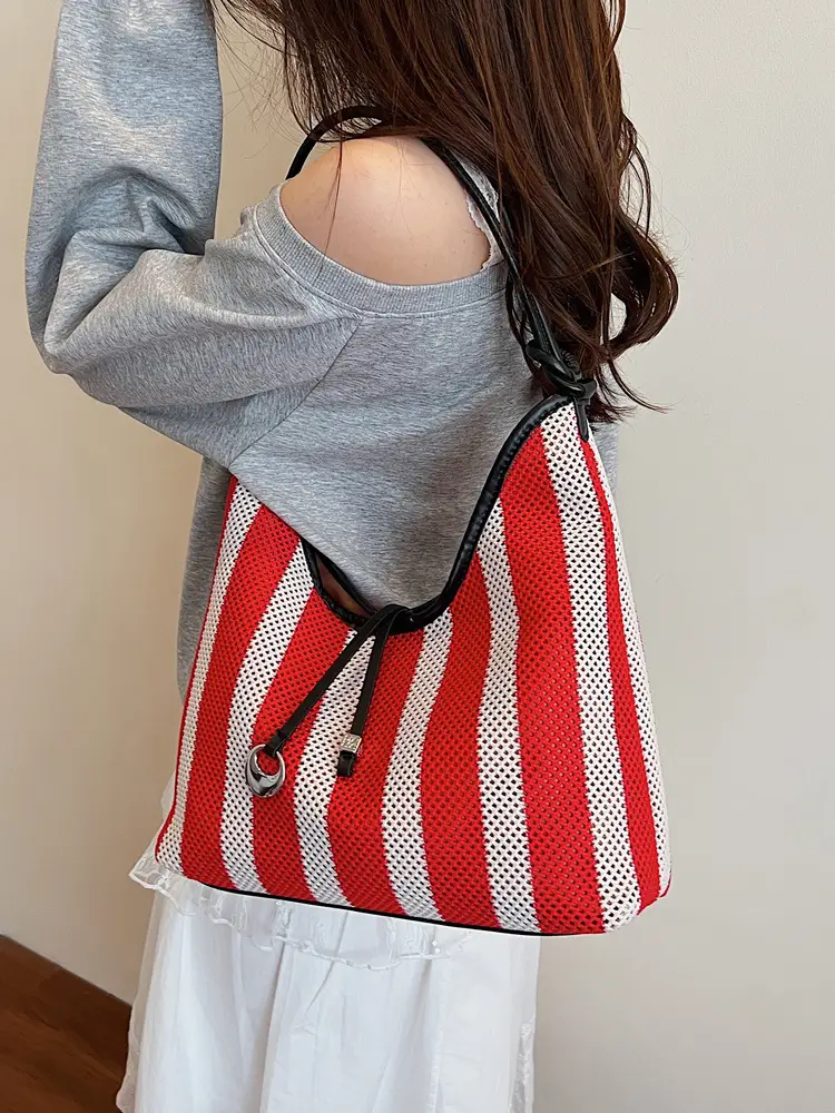 Women's Red White Striped Large Capacity Tote Bag - Image 4