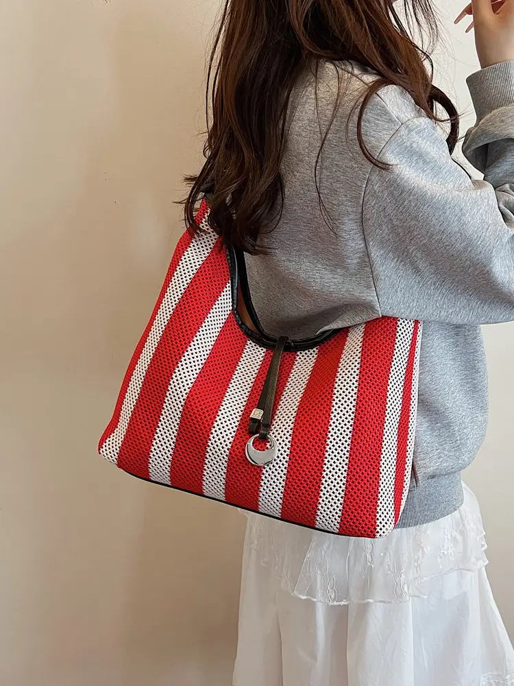 Women's Red White Striped Large Capacity Tote Bag - Image 7