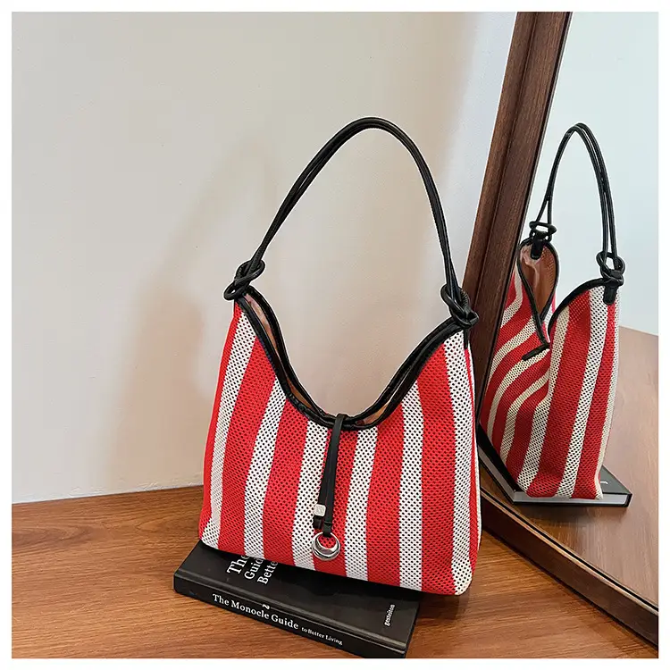 Women's Red White Striped Large Capacity Tote Bag — feature 20