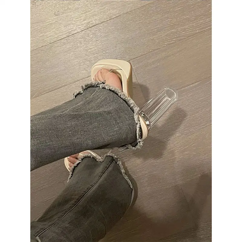 Summer New Open-Toe Transparent One-Strap Waterproof Platform Slippers for Women to Wear Simple Crystal Thick-Heeled High-Heeled Sandals - Image 7