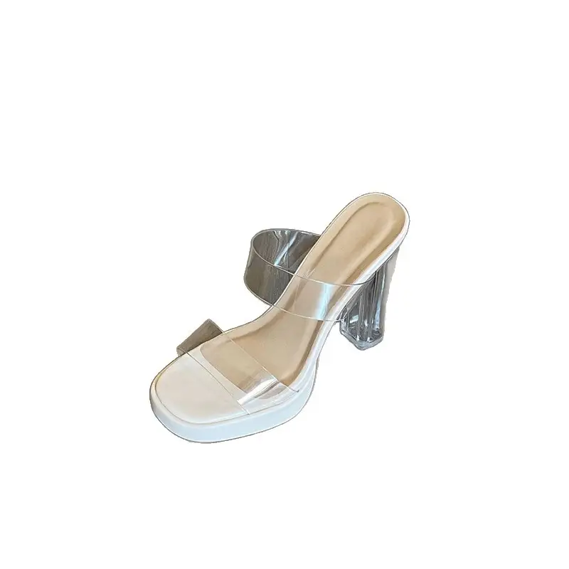 Summer New Open-Toe Transparent One-Strap Waterproof Platform Slippers for Women to Wear Simple Crystal Thick-Heeled High-Heeled Sandals - Image 8