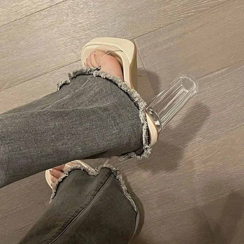 Summer New Open-Toe Transparent One-Strap Waterproof Platform Slippers for Women to Wear Simple Crystal Thick-Heeled High-Heeled Sandals - Image 2