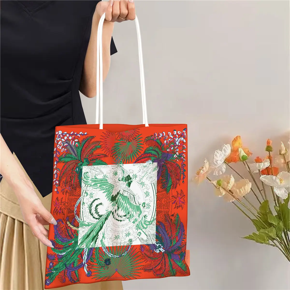 Phoenix Pattern Handbag Large Capacity Red White Women's Shoulder Bag