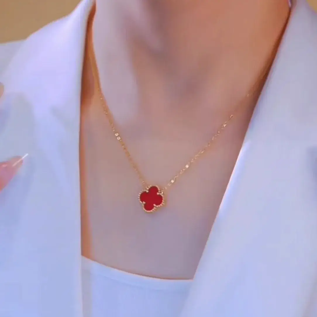Lucky Four-Leaf Necklace Women Titanium Gold Red