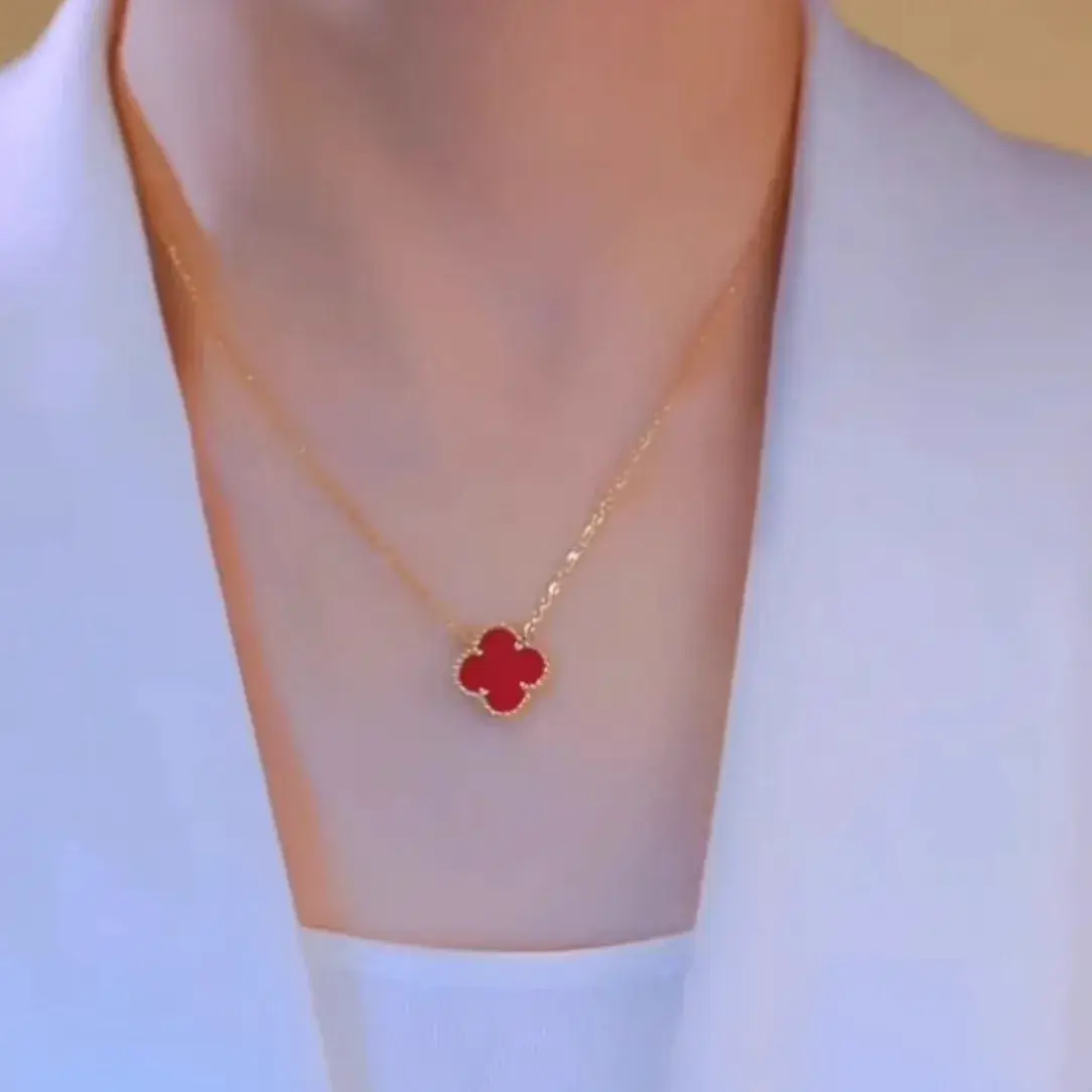 Lucky Four-Leaf Necklace Women Titanium Gold Red