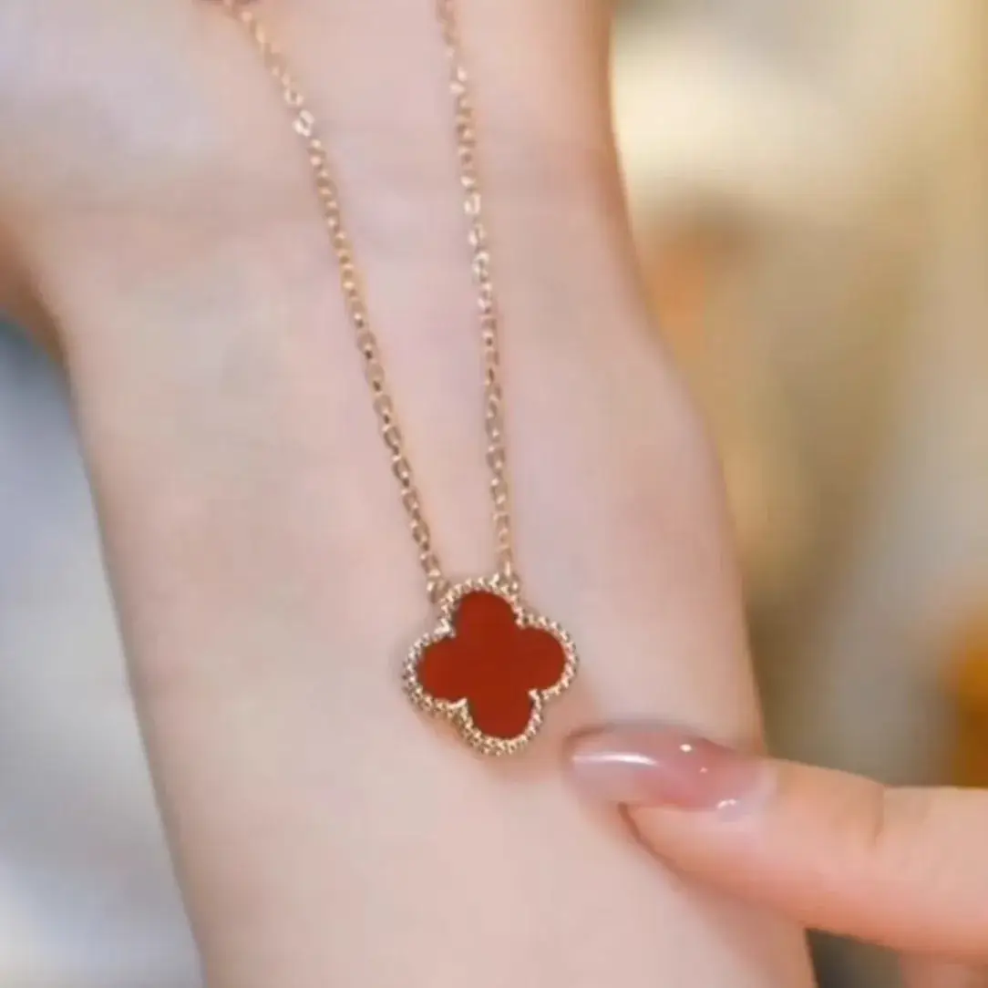 Lucky Four-Leaf Necklace Women Titanium Gold Red